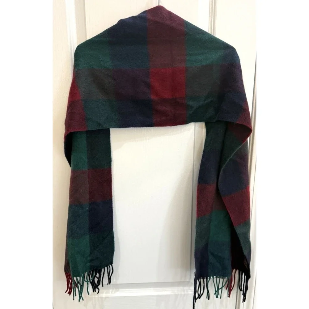 Nordstrom Red Blue Plaid Scarf 100% Cashmere 12x64 Fringe Made in Germany